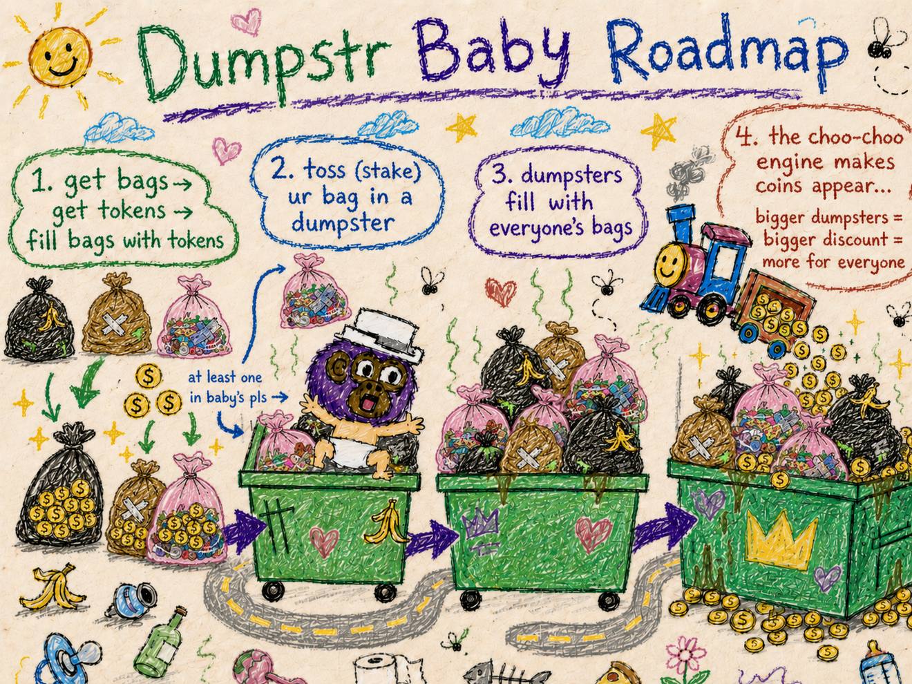 dumpstr baby roadmap: 1. get bags, get tokens, fill bags with tokens. 2. toss (stake) ur bag in a dumpster. 3. dumpsters fill with everyone's bags. 4. the choo-choo engine makes coins appear. bigger dumpsters = bigger discount = more for everyone.