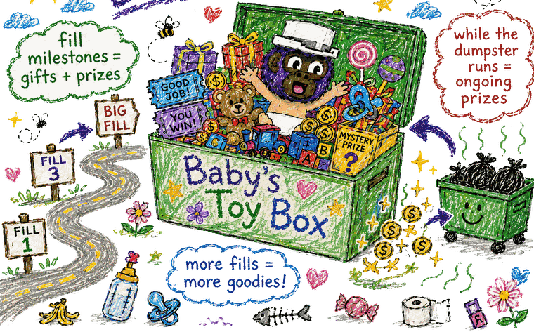 baby's toy box: fill milestones = gifts + prizes. while the dumpster runs = ongoing prizes. more fills = more goodies!
